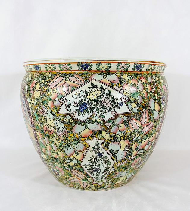 Vintage Chinese "Rose Mandarin" Figural Gilt Goldfish Bowl Planter or Jardiniere With Auspicious Objects