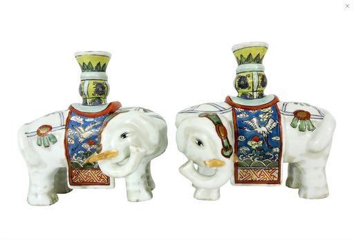 Early 20th Century Export White Caparisoned Elephant Candleholders / Joss Stick Holders - a Pair