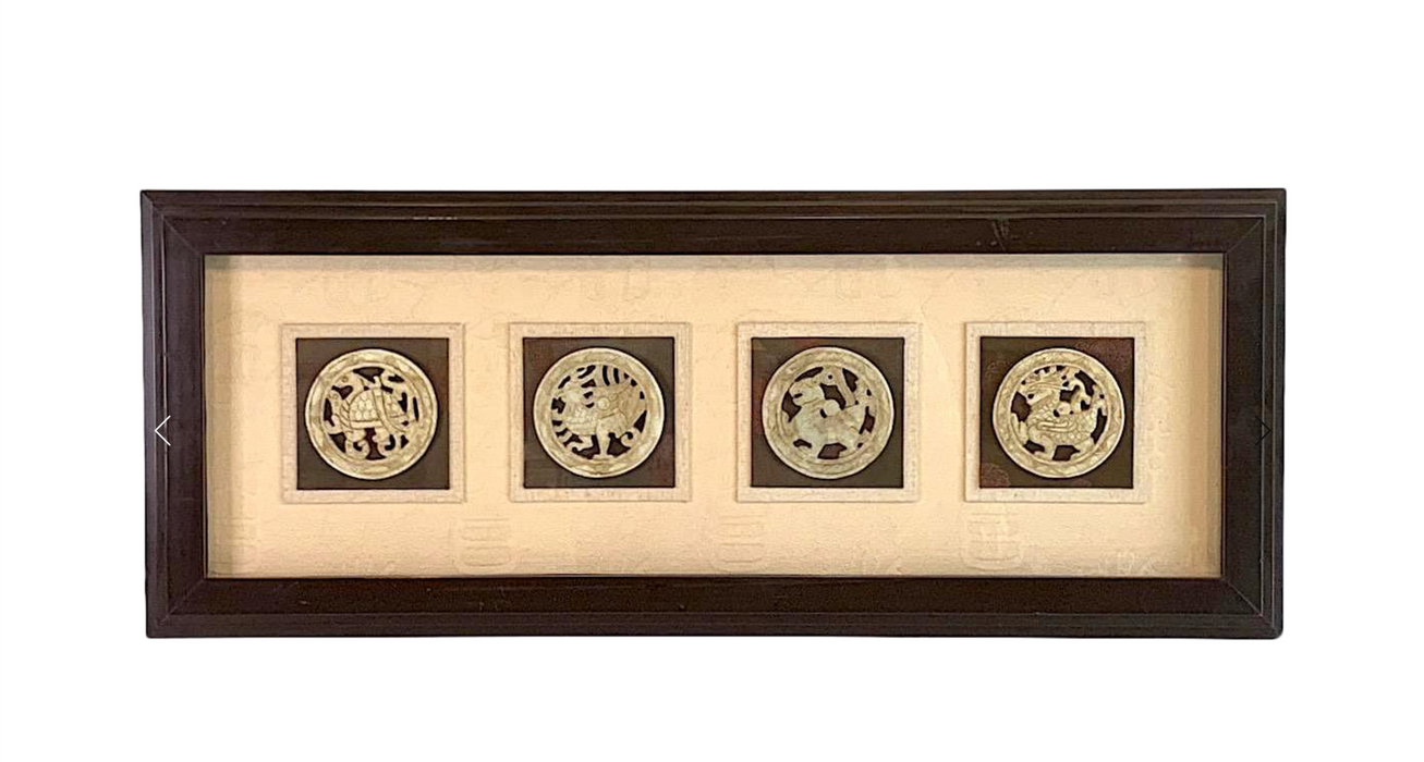 Vintage Framed Chinese Carved Hard Stone Bi Discs Wall on Silk Hanging, the 4 Celestial Feng Shui Animals