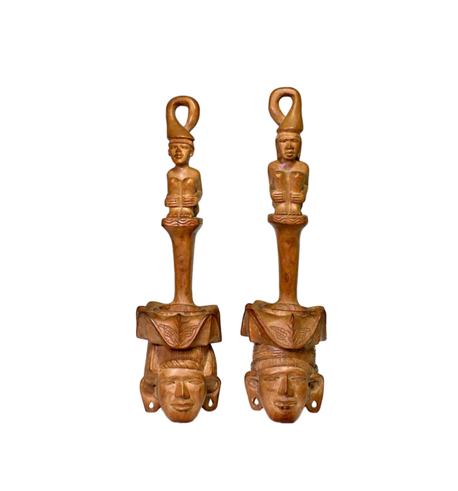 Large Vintage Austronesian Tiki Hand Carved Teak Figural Water Dippers / Ladles / Vases