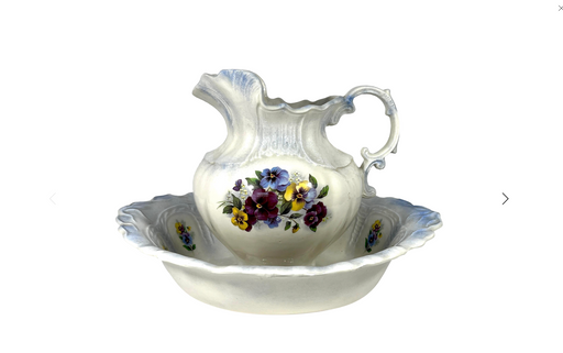 Vintage Violet, Blue and Yellow Pansy Floral Ceramic Pitcher & Wash Bowl Set, Signed 1997