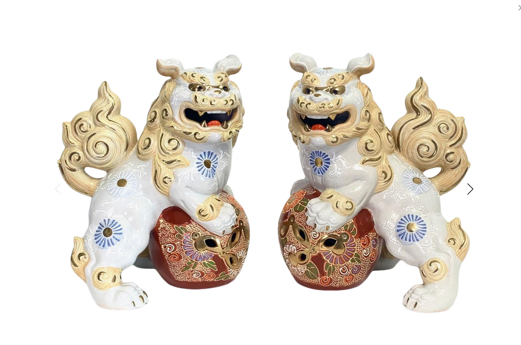 Japanese White & Gilt Porcelain Satsuma Male Foo Lions (Shishi Fu Dogs) - a Pair