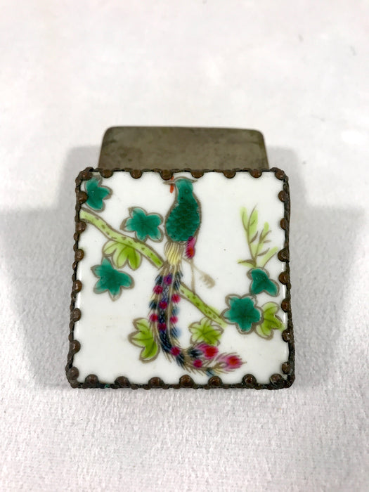 Vintage Chinese Emerald Green Pheonix Trinket Porcelain Shard Paktong Box With Mirror