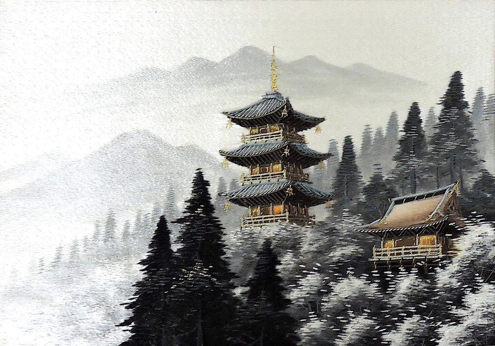 Silk & Gold Thread Embroidery of Pagoda, Winter Landscape by Shiga