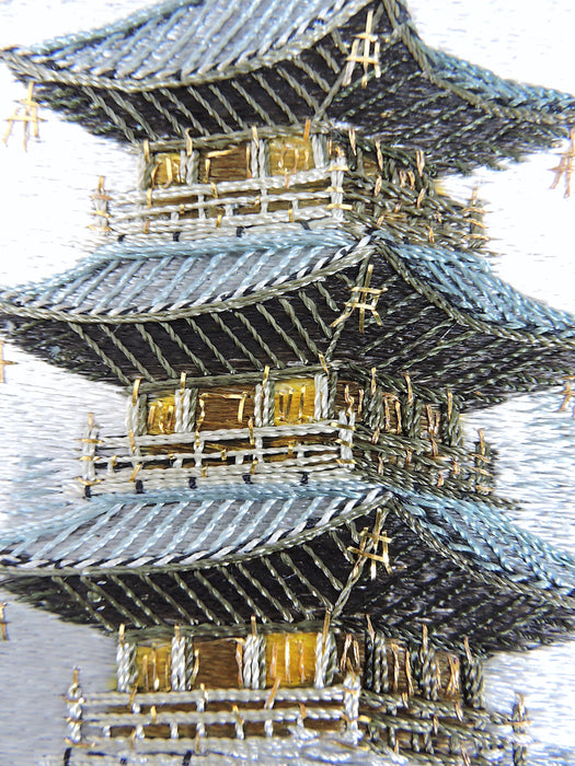 Silk & Gold Thread Embroidery of Pagoda, Winter Landscape by Shiga Embroidery Co, Japan