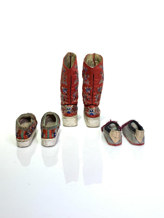 Set of Antique Children's Embroidered Silk Chinese Foot Ware (Shoes), Three Pairs