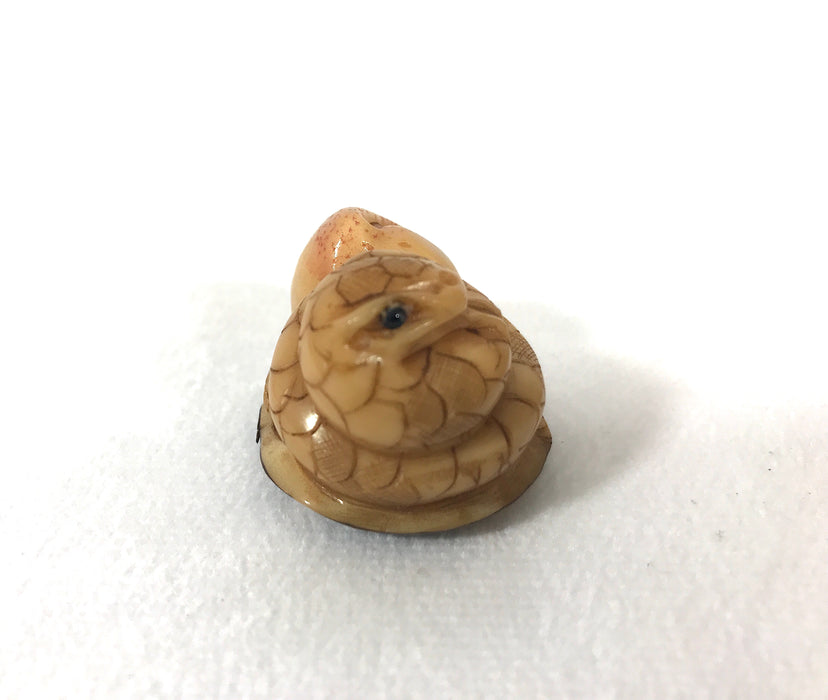 1980's Chinese Netsuke Style Coiled Snake Carving With Long Life Peach