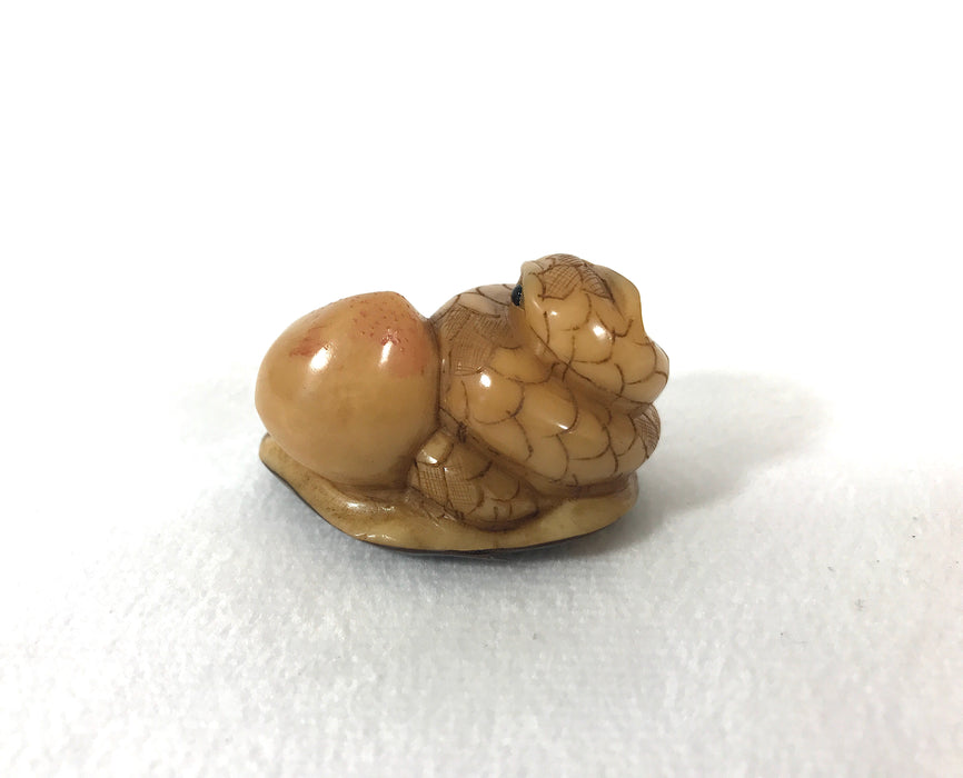 1980's Chinese Netsuke Style Coiled Snake Carving With Long Life Peach