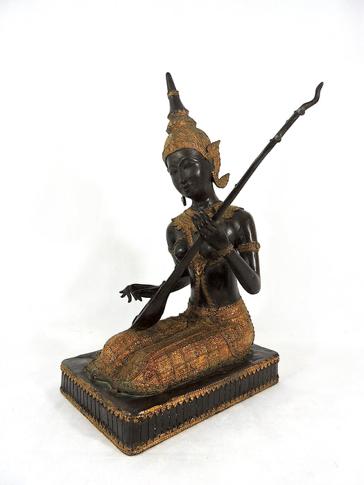 Early 20th Century Thai Bronze & Gilt Female Figure, the Phin Musician
