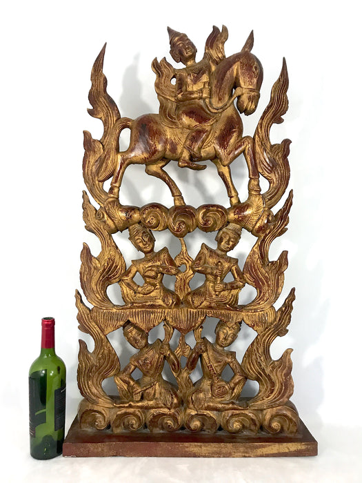 Massive Thai Red and Gold Kranock Hand Carved Wooden Sculpture - the Aspara & Musicians