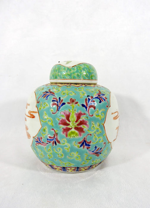 Mid 20th Century Figural Chinese Turquoise Porcelain Ginger Jar With Pink Lotus Flowers