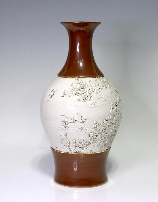 Rare Wang Bing Rong Chinese Vase Cafe-Au-Lait & Cream Glaze With Flying Cranes & Peacocks in Relief, Late Qing