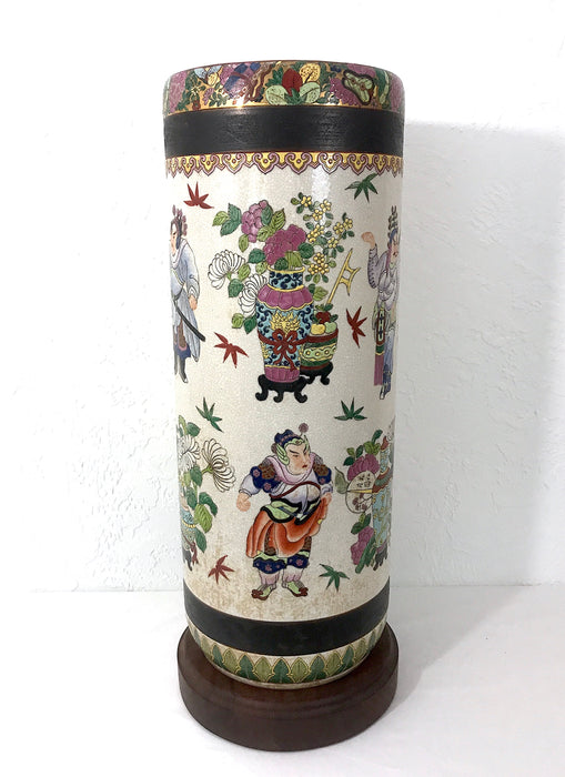 Rare 1950s Large Chinese Crackle Ware 'The Six Warriors" Ceramic Umbrella Stand, Signed