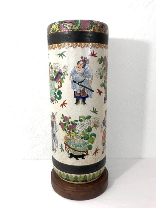 Rare 1950s Large Chinese Crackle Ware 'The Six Warriors" Ceramic Umbrella Stand, Signed