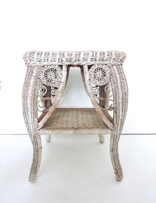 Boho Chic Distressed White Beige Wicker Side or Occasional Table