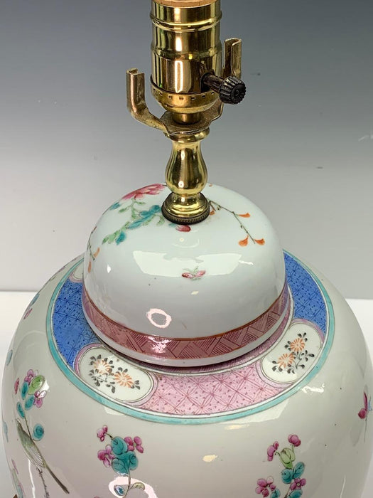 Chinese Republic Period Gilt Mounted Porcelain Ginger Jar Table Lamp With Blossoms and Birds