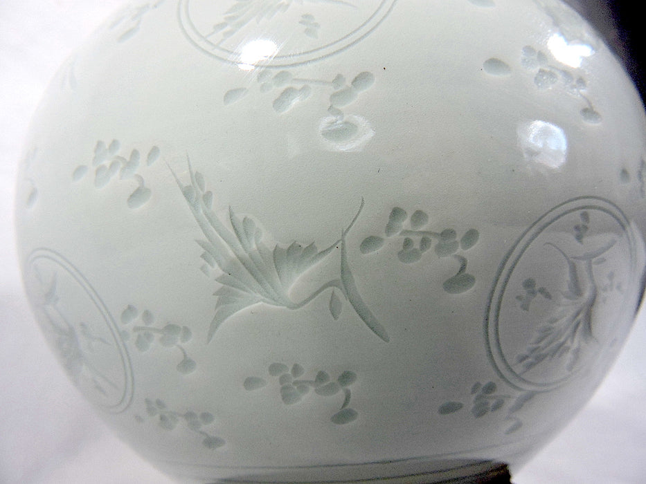 Fine Century White Asian Celadon Ginger Jar, 1000 Cranes Design