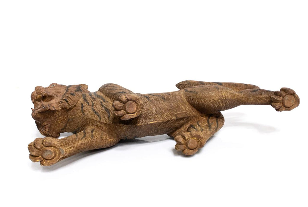 Magnificent Japanese Okimono of a Carved Crouching Tiger, Meiji Period, Signed 23.5"