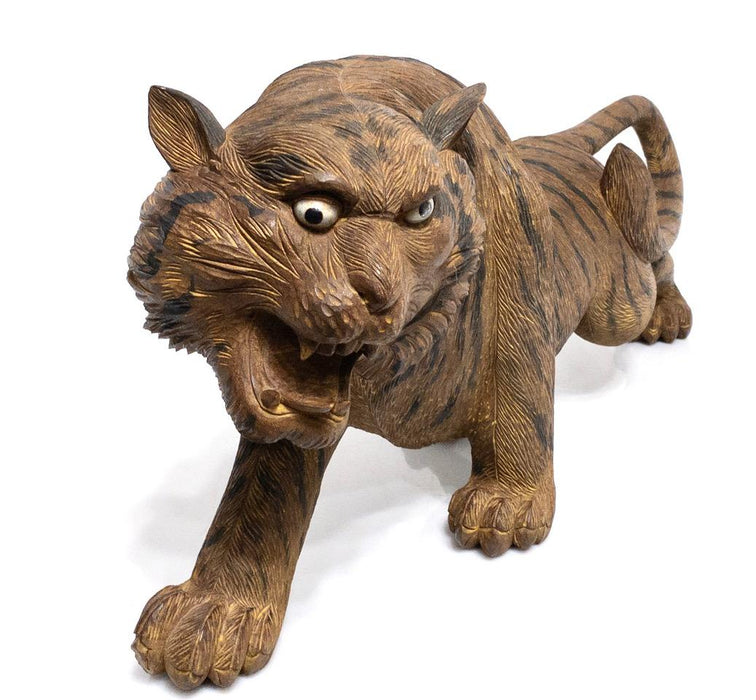 Magnificent Japanese Okimono of a Carved Crouching Tiger, Meiji Period, Signed 23.5"