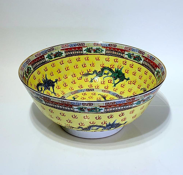 Large Antique Chinese Export Famille Jaune, Yellow Porcelain Bowl With Gilt Work & Green and Blue Flying Dragons