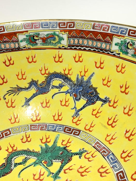 Large Antique Chinese Export Famille Jaune, Yellow Porcelain Bowl With Gilt Work & Green and Blue Flying Dragons