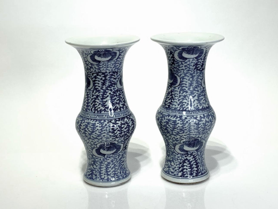 Antique Chinese Porcelain Blue & White Gu-Form Flaring Vases - a Pair