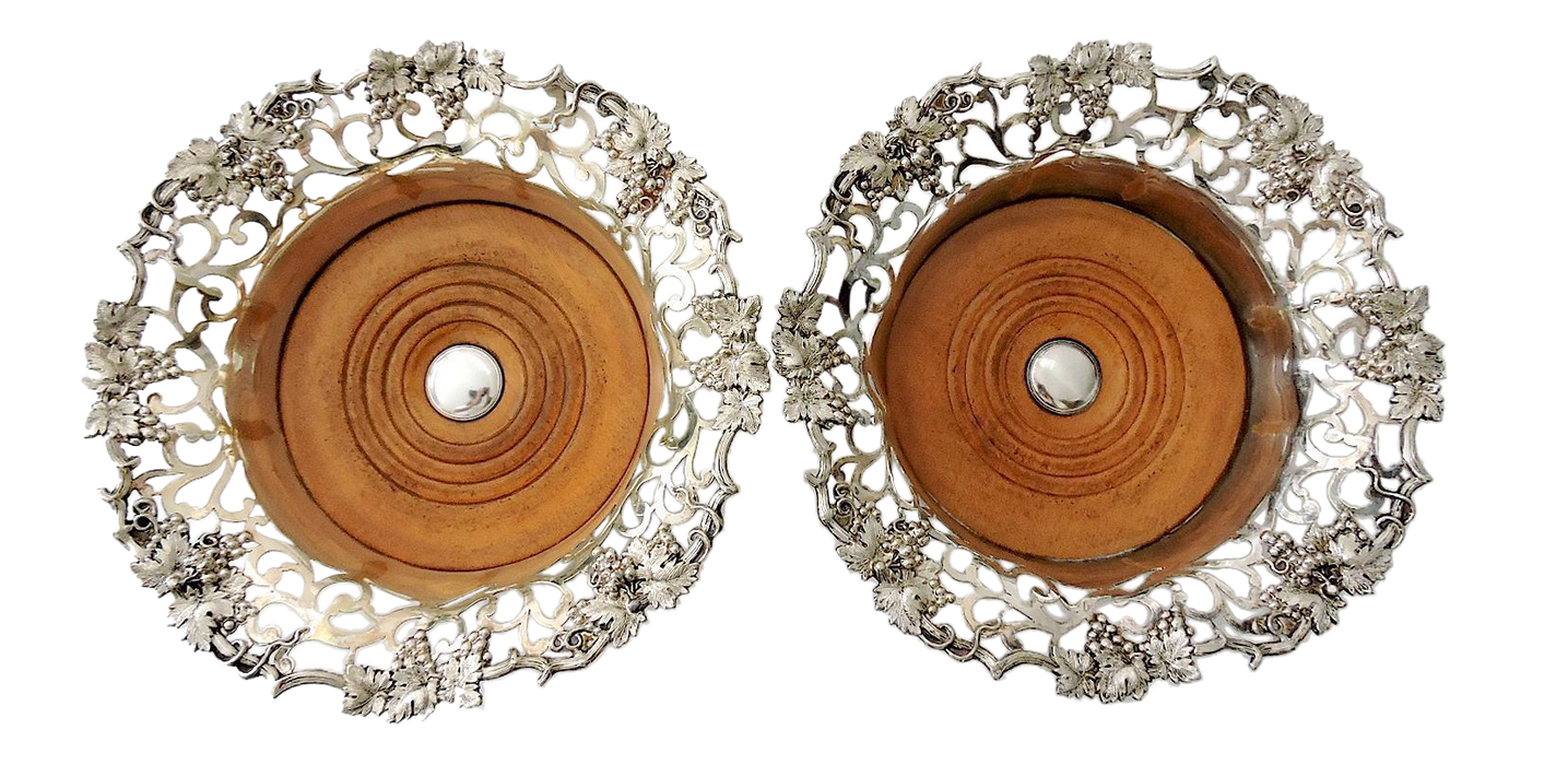 Fine Victorian English Silver-Plated Reticulated Antique Wine Bottle Coasters - a Pair