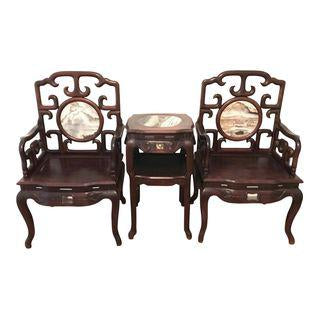 Late Qing Chinese Arm Chairs, a Pair - Table Suite, Antique Blackwood and Dali Lake Marble (Rosewood/Hongmu)