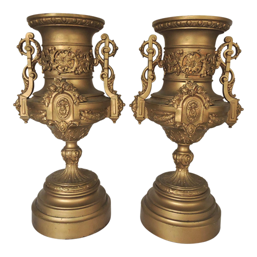 20th. Century Italian Neoclassical Spelter Ornamental Gold Urns or Planters - a Pair