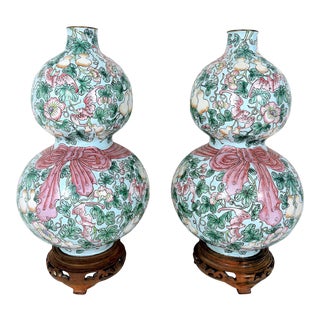 Rare Opposing Enamelled 'Huluping' Chinese Double Gourd Pink and Blue Vases With Stands - a Pair