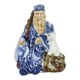 Signed Japanese Blue and White Kutani Porcelain Statue Figure of Sau, the Immortal With His Deer