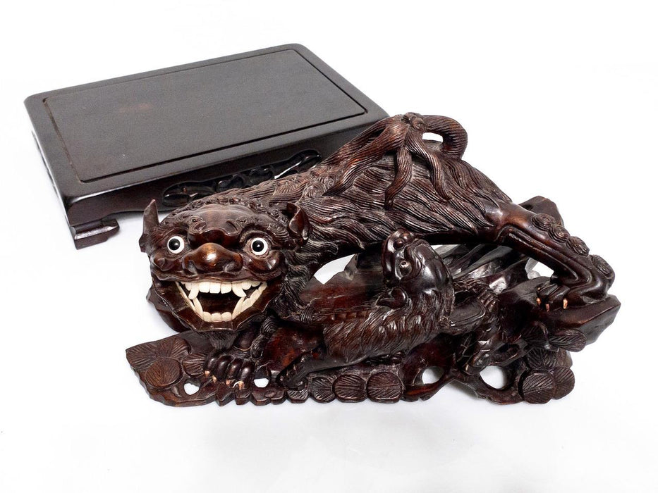 Antique Japanese Carved Rosewood Okimono Figure of Shishi, (Foo Dog) Meiji Period