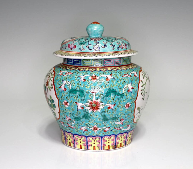 Antique Nyonya / Straits Chinese Turquoise Ginger Jar With Auspicious Objects & Lotus Flowers