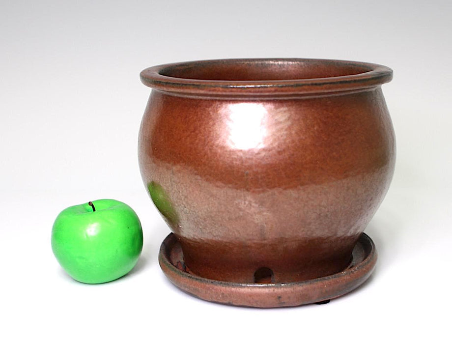 Vintage Asian Monochrome Earthenware Planter With Red Copper Glaze
