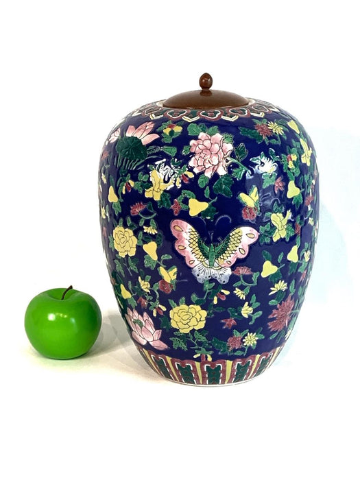 Vintage Dark Blue Chinese Ginger Jar With Multi Coloured Butterflies, Moths & Flowers