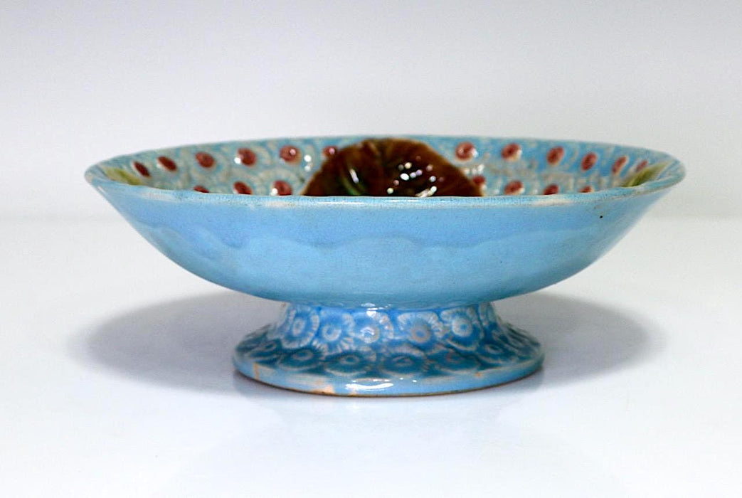 19th Century Antique English Majolica Blue Footed Pedestal Bowl "Leaf & Daisy" Design
