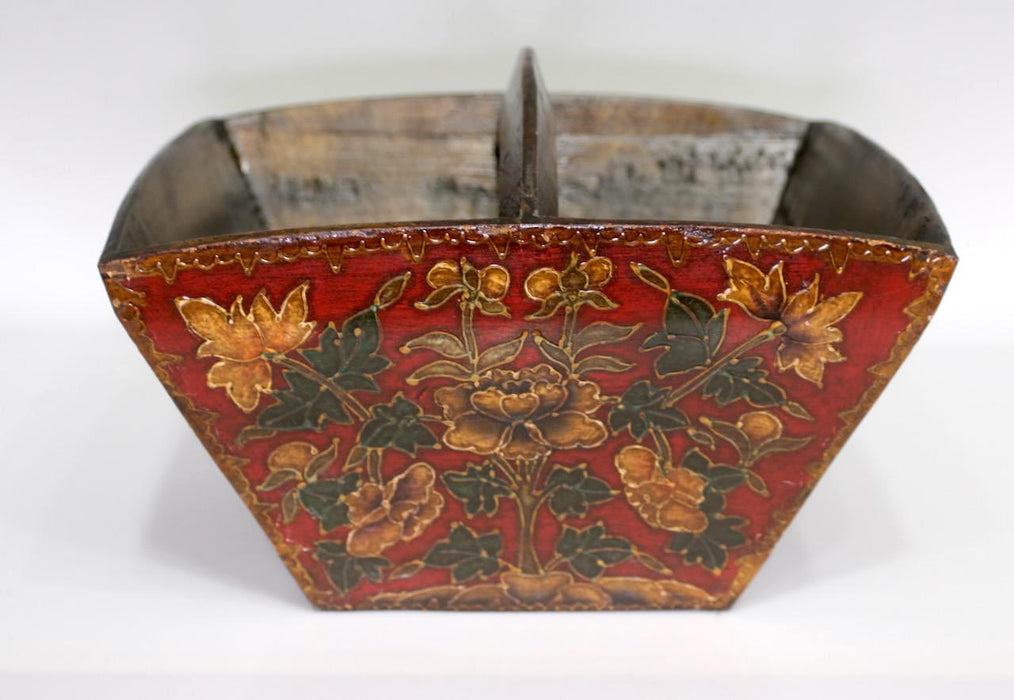 Antique Chinese Hand Made Rustic Wooden Red Painted Basket / Storage Box With Flowers