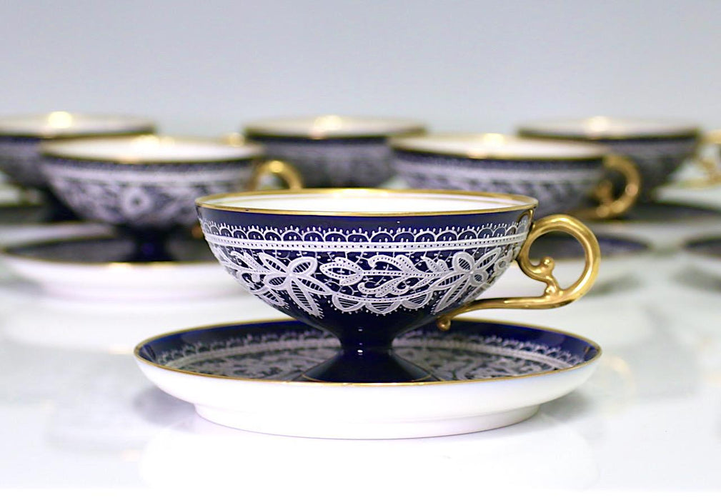 Rare Antique Testolini & Salviati Cobalt Blue and White Porcelain & Gilt Tea Cup and Saucer Set (10 Sets Available)