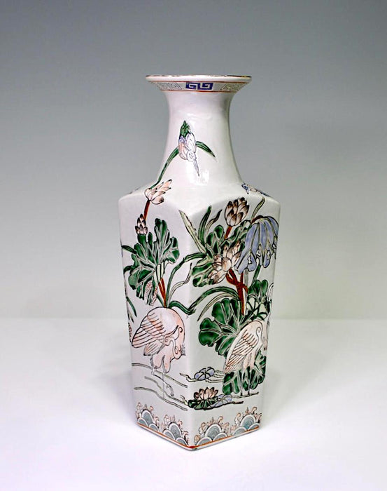 Vintage Macau (Chinese) White Porcelain Square-Form Vase With Cranes & Lotus in Marshland