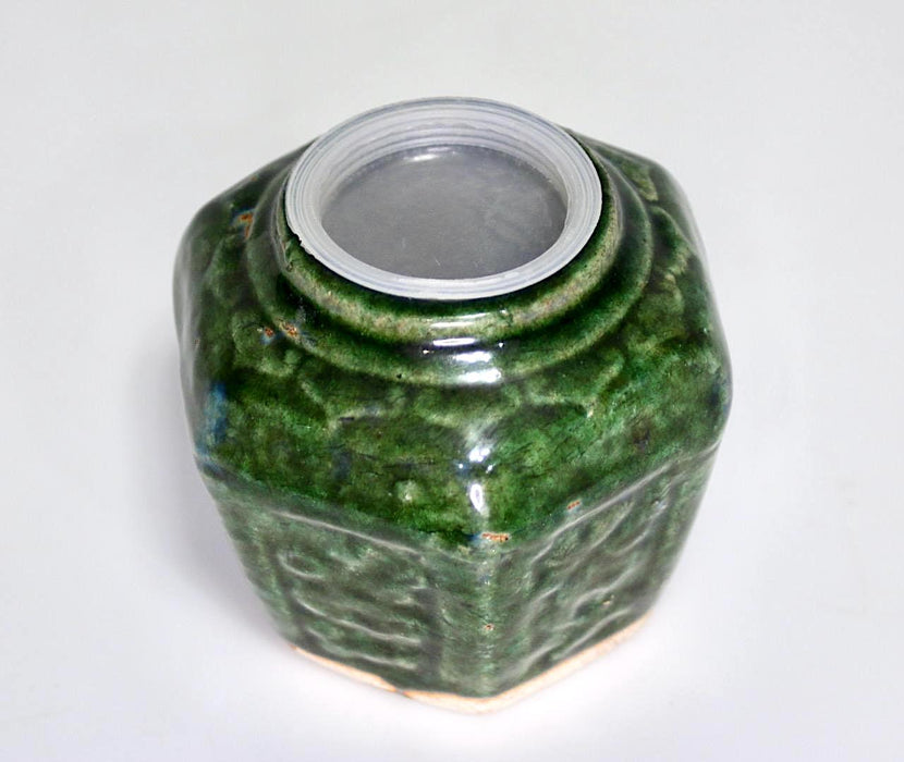Antique Chinese Hexagonal Shiwan Green Stoneware Jar or Vase, Incised Decoration With Turquoise Glaze