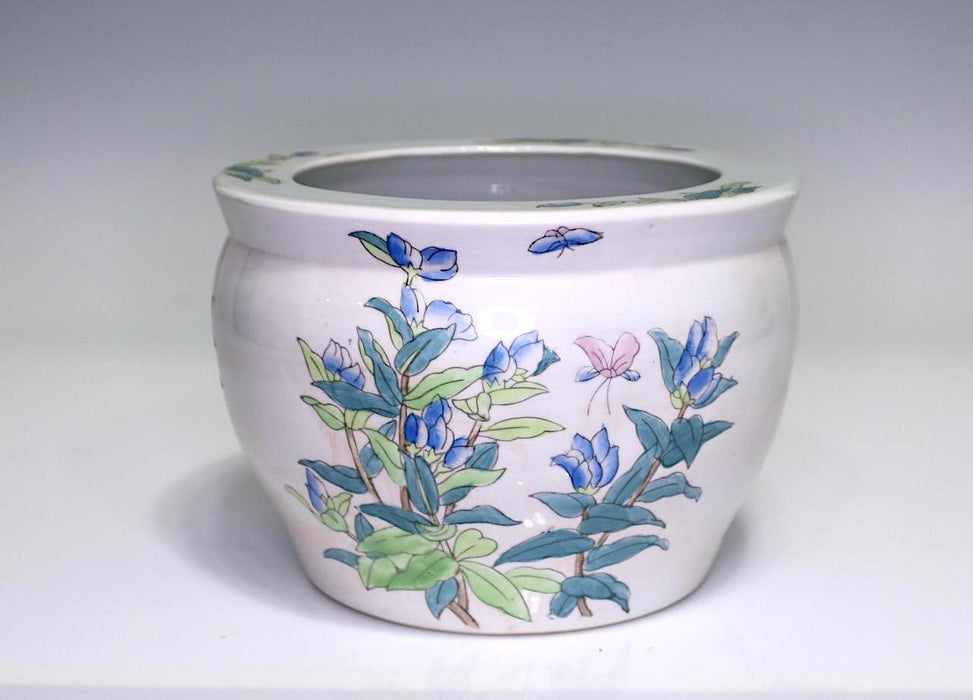Vintage Chinese White Porcelain Fishbowl Planter With Flowers and Butterflies 9.5"
