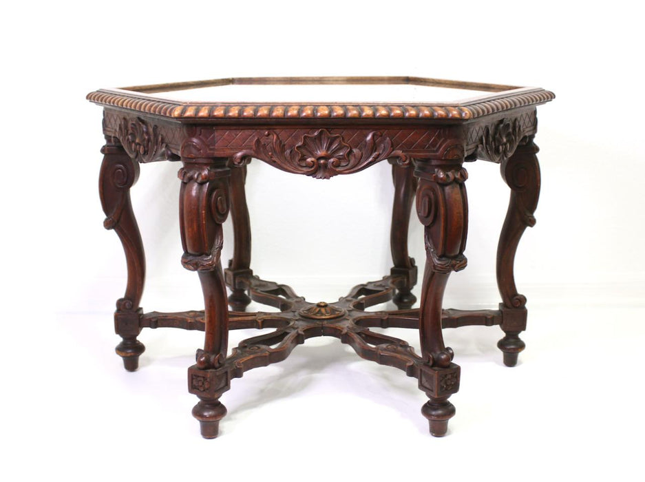 Antique Renaissance Revival Carved Walnut Hexagonal Coffee Table With Glass Top