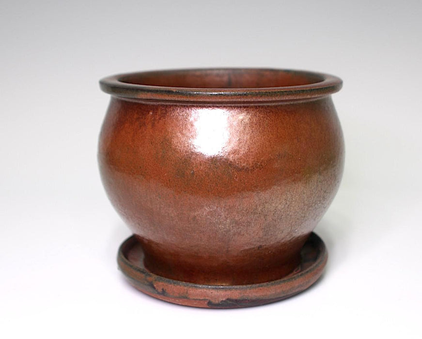 Vintage Asian Monochrome Earthenware Planter With Red Copper Glaze