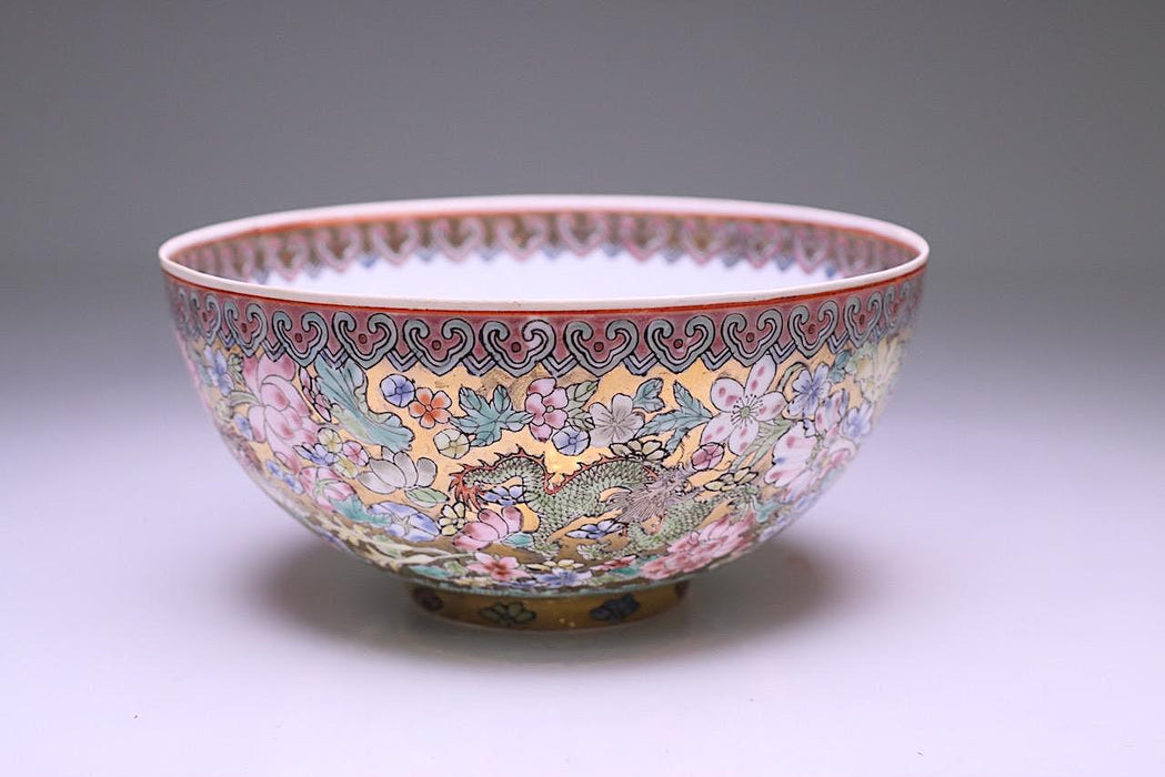Fine Chinese "Eggshell" Porcelain Gilt Bowl With Pastel Millefiore Flowers and Colourful Imperial Dragons
