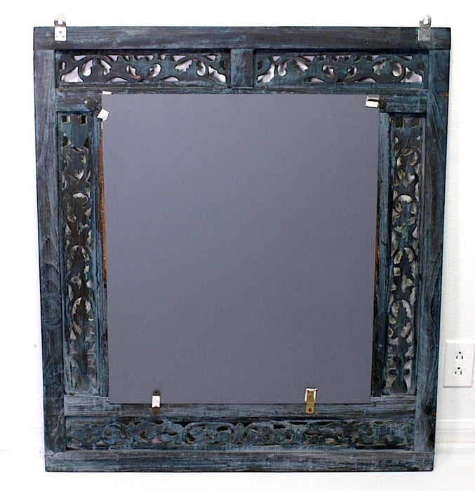 Javanese Hand-Carved Baby Blue Wood Framed Window Style Wall Mirror With Flowers & Gold Highlights