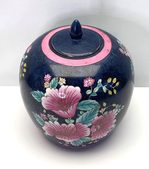 Vintage W B I Chinese Ginger Jar With Pink Floral Bouquets on Blue Ground