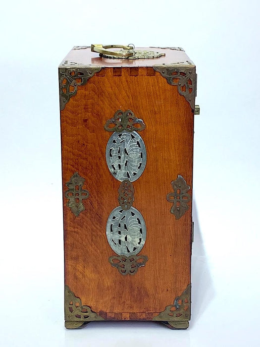 Fine Vintage Chinese Rosewood Jewellery Box With Brass Fittings & Jade Panels