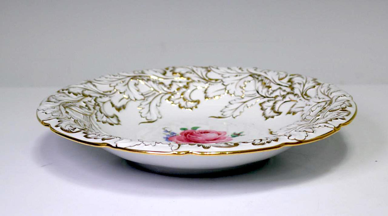 Antique Meissen White Porcelain Charger Rococo Design With Painted Pink Rose Bouquet, Signed