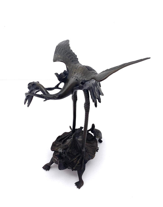 Old Chinese Bronze Sculpture of a Heron Atop a Dragon Turtle & Lotus Leaf