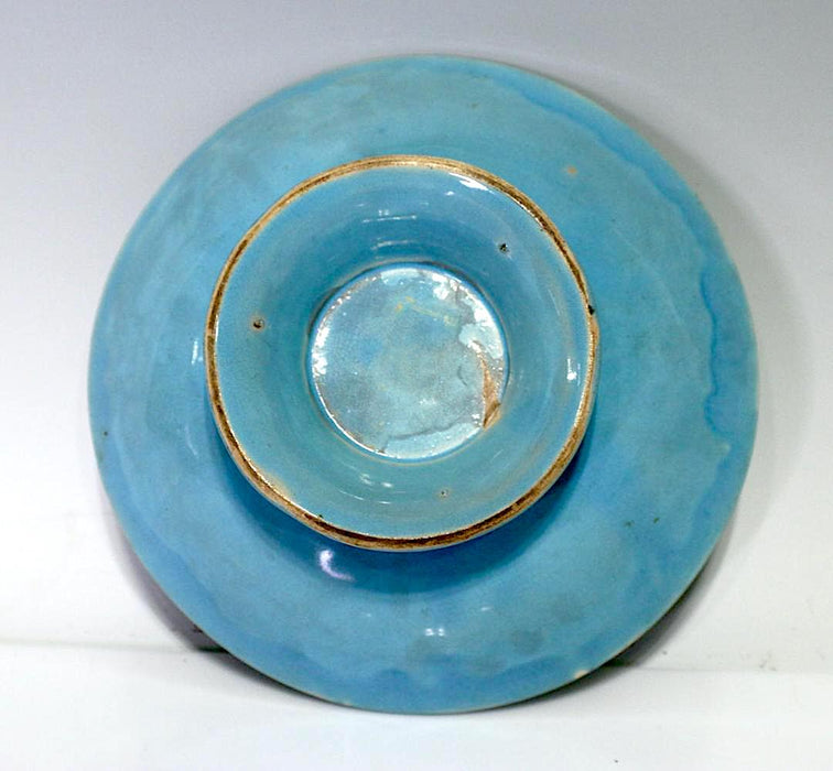 19th Century Antique English Majolica Blue Footed Pedestal Bowl "Leaf & Daisy" Design